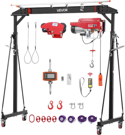 VEVOR Adjustable Gantry Crane, 2200 lbs Capacity, Portable Shop Lift Hoist with 95.7-142.9 in Height Adjustable, Manual Trolley, Electrical Hoist, Sling, Shackles, for Factory Warehouse Auto Repair
