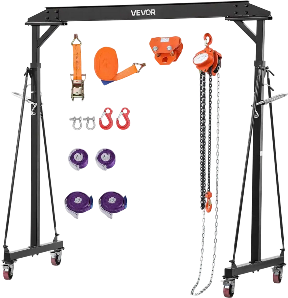 VEVOR Adjustable Gantry Crane, 2200 lbs Capacity, Portable Shop Lift Hoist with 95.7-142.9 in Height Adjustable, Manual Trolley, Hoist, Sling, Shackles, Hooks, for Garage Factory Warehouse Auto Repair