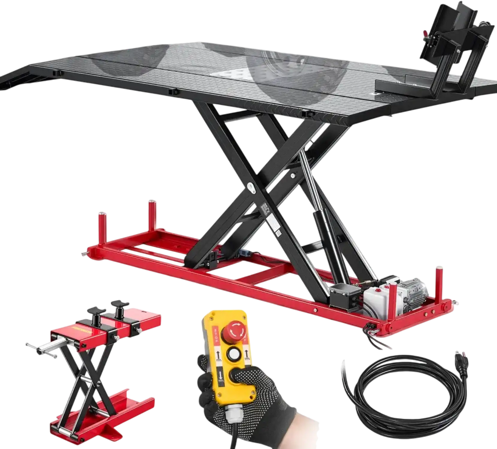 VEVOR Motorcycle Lift Table, 1500 lbs Capacity, Electric Hydraulic Pump with Scissor Lift Jack, Wheel Chock, 9.05"-41.73" Height, 78.3" x 50.4" Extra-Wide Heavy Duty Repair Stand for ATV, Dirt Bike