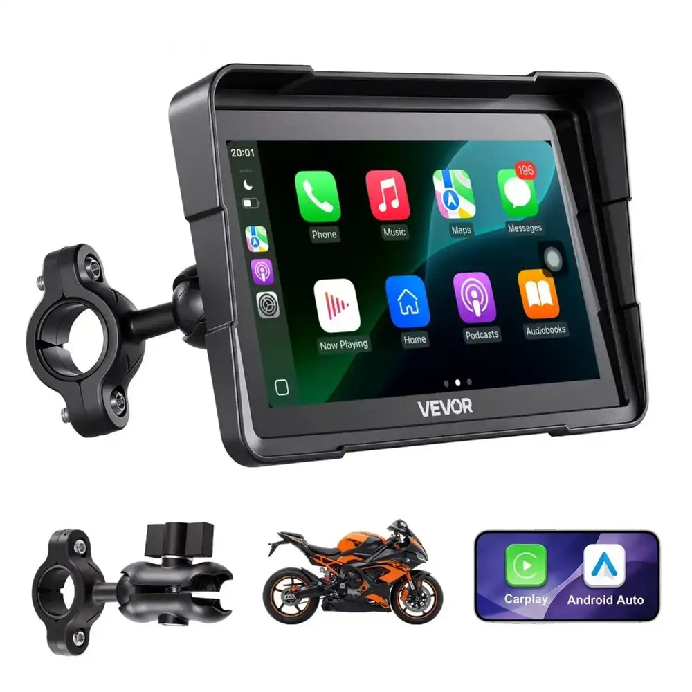 VEVOR 7 Inch Wireless Motorcycle Carplay with Apple Carplay & Android Auto, HD Touchscreen GPS Navigation System with Voice Control, Dual Bluetooth, Siri & Google Assistant, IP67 - Fit All Motorcycles