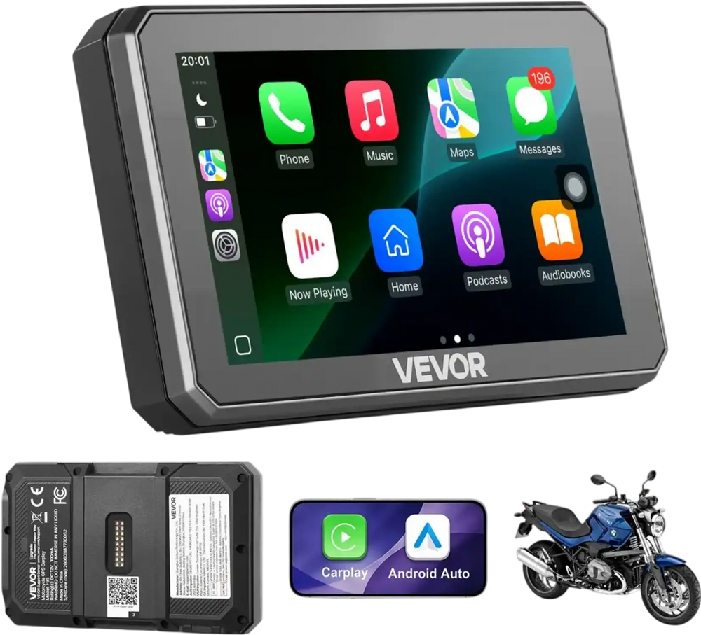 VEVOR 5 Inch Wireless Motorcycle Carplay with Apple Carplay & Android Auto, HD Touchscreen GPS Navigation System with Dual Bluetooth, Siri/Google Voice Assistant, IP67, Compatible with BMW Motorcycles
