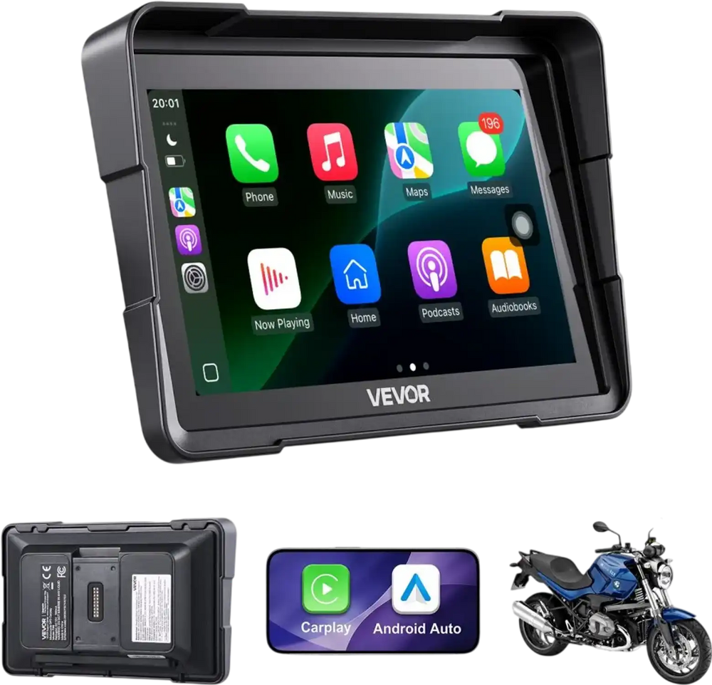 VEVOR 7 Inch Wireless Motorcycle Carplay with Apple Carplay & Android Auto, HD Touchscreen GPS Navigation System with Dual Bluetooth, Siri/Google Voice Assistant, IP67, Compatible with BMW Motorcycles