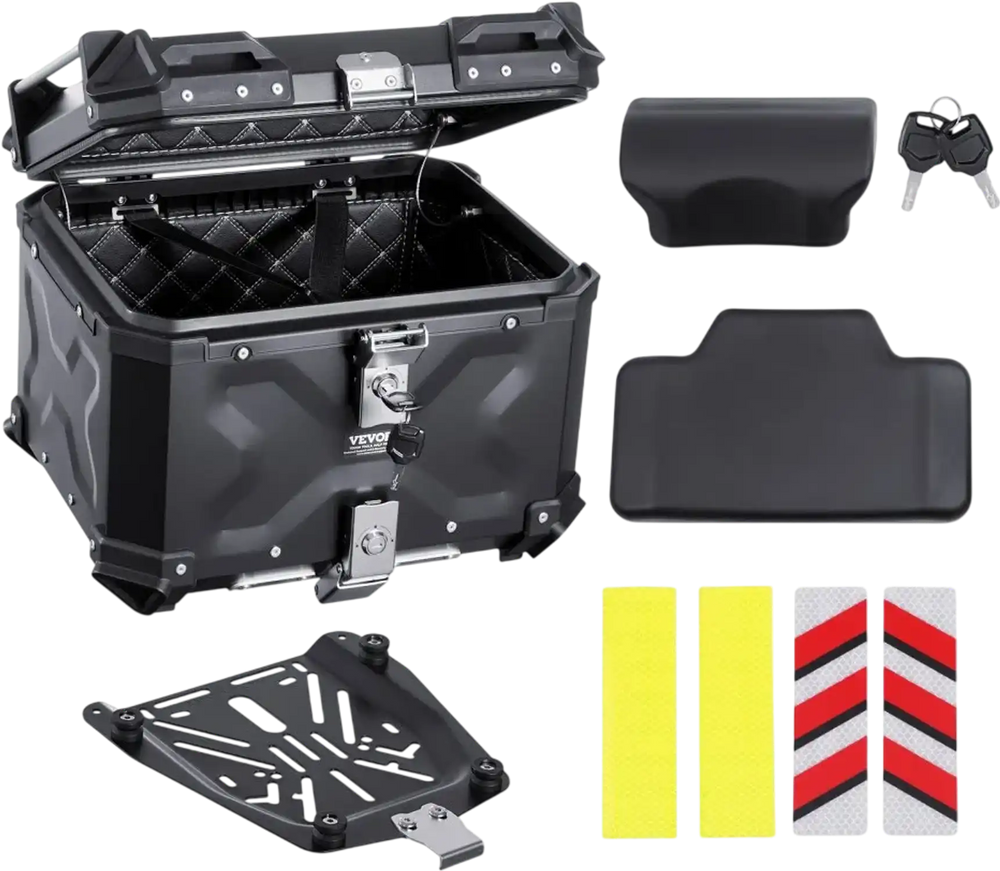 VEVOR Motorcycle Top Case, Universal Aluminum Alloy Motorbike Tail Box with Leather Lining, 55L Waterproof Detachable Motorcycle Top Box with Lock & Back Cushion, Fit for 99% of Motorcycle Frames