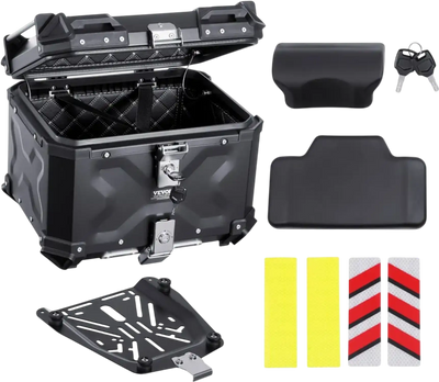 VEVOR Motorcycle Top Case, Universal Aluminum Alloy Motorbike Tail Box with Leather Lining, 55L Waterproof Detachable Motorcycle Top Box with Lock & Back Cushion, Fit for 99% of Motorcycle Frames