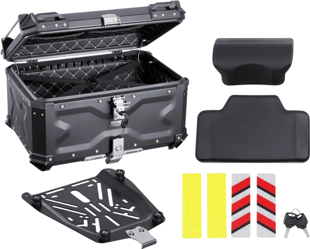 VEVOR Motorcycle Top Case, Universal Aluminum Alloy Motorbike Tail Box with Leather Lining, 65L Waterproof Detachable Motorcycle Top Box with Lock & Back Cushion, Fit for 99% of Motorcycle Frames