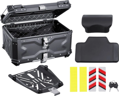 VEVOR Motorcycle Top Case, Universal Aluminum Alloy Motorbike Tail Box with Leather Lining, 65L Waterproof Detachable Motorcycle Top Box with Lock & Back Cushion, Fit for 99% of Motorcycle Frames