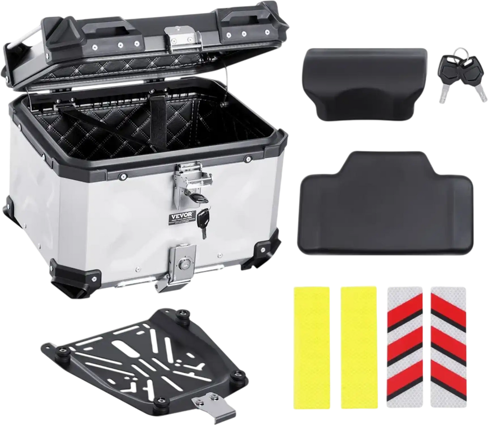 VEVOR Motorcycle Top Case, Universal Aluminum Alloy Motorbike Tail Box with Leather Lining, 45L Waterproof Detachable Motorcycle Top Box with Lock & Back Cushion, Fit for 99% of Motorcycle Frames