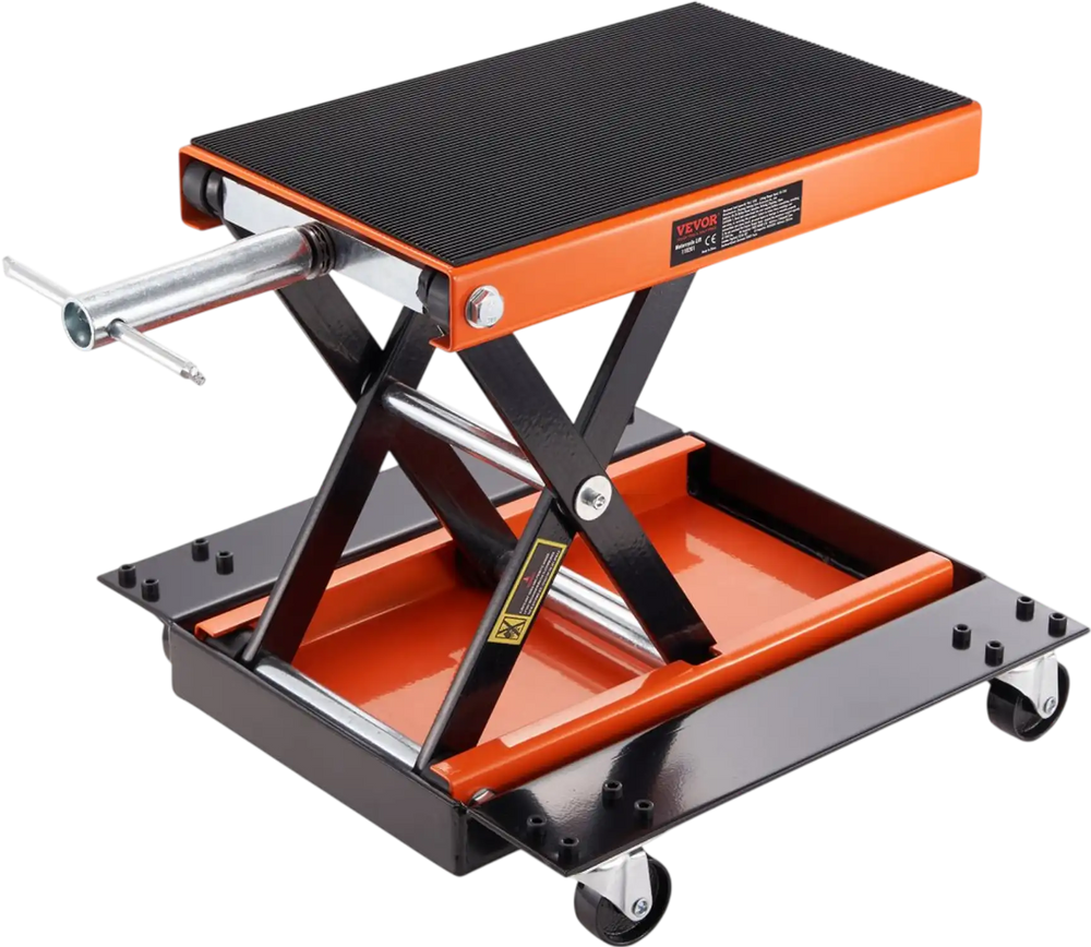 VEVOR Motorcycle Lift, 1100 LBS Motorcycle Lift ATV Scissor Lift Jack with Dolly & Hand Crank, Center Hoist Crank Stand with Wide Deck & Tool Tray for Street Bikes, Cruiser Bikes, Touring Motorcycles
