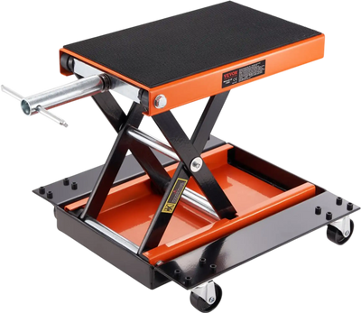 VEVOR Motorcycle Lift, 1100 LBS Motorcycle Lift ATV Scissor Lift Jack with Dolly & Hand Crank, Center Hoist Crank Stand with Wide Deck & Tool Tray for Street Bikes, Cruiser Bikes, Touring Motorcycles