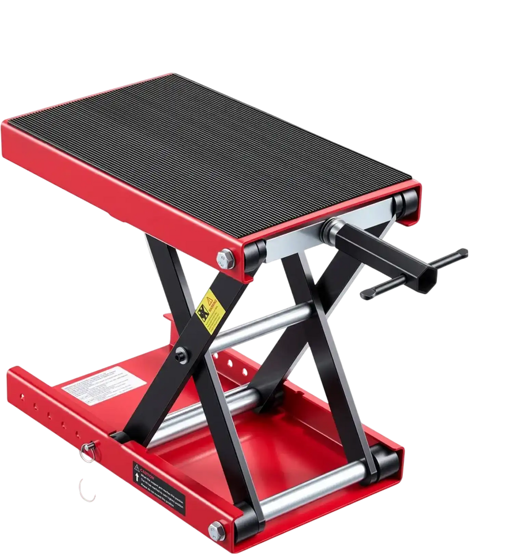 VEVOR Motorcycle Lift, 1100 lbs Motorcycle Scissor Lift Jack with Wide Deck & Lock Pin, 3.74"-13.38" Center Hoist Crank Stand, Steel Scissor Jack for Street Bikes, Cruiser Bikes, Touring, Red/Black