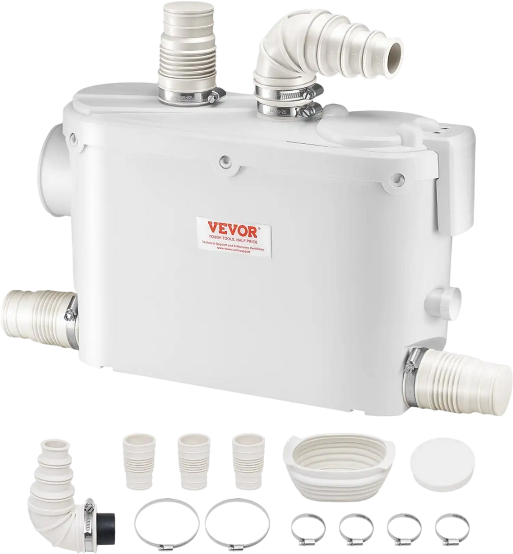 VEVOR Macerator Pump, 500W, 29 GPM Flow, 26 ft/8 m Head, Macerator Wall-Hung Toilet Pump with 4 Water Inlets, Waste Water Disposal Upflush Machine for Toilet, Basement, Shower, Sink, Laundry, Bathtub