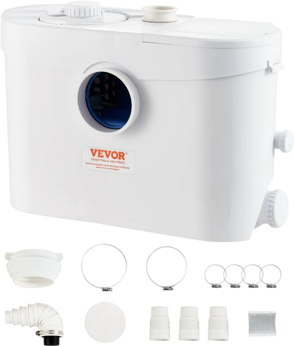 VEVOR Macerator Pump, 700W, 9600 L/h Flow, 32.8 ft/10 m Head, Macerator Sewerage Sump Pump with 3 Water Inlets for Toilet, Basement, Kitchen, Sink, Shower, Bathtub Waste Water Disposal Upflush Machine