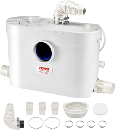 VEVOR Macerator Pump, 900W, 48 GPM Flow, 40 ft/12 m Head, Macerator Sewerage Toilet Pump with 4 Water Inlets, Waste Water Disposal Upflush Machine for Toilet, Basement, Shower, Sink, Laundry, Bathtub