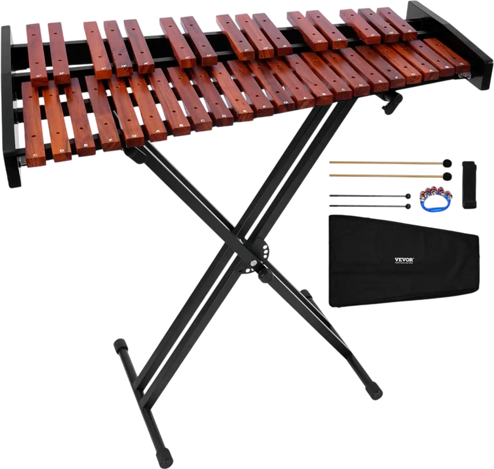 VEVOR Glockenspiel Xylophone, 37 Notes, Wooden Professional Xylophone Percussion Instrument, with Height Adjustable Stand, 4 Mallets, Carrying Bag, Beginner Musical Instrument Kit for Adults and Kids