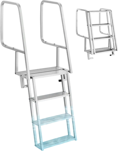 VEVOR Flip-Up Dock Ladder, 4-Step, Heavy-Duty Aluminum Alloy Pontoon Boat Swim Ladder, with Non-Slip Wide Steps, 350 lbs Weight Capacity, Pull Rope Assist, Comfort Use for Lake Pool Marine Boarding