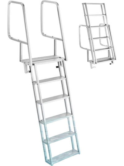 VEVOR Flip-Up Dock Ladder, 6-Step, Heavy-Duty Aluminum Alloy Pontoon Boat Swim Ladder, with Non-Slip Wide Steps, 350 lbs Weight Capacity, Pull Rope Assist, Comfort Use for Lake Pool Marine Boarding