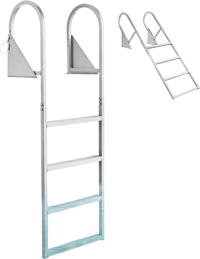 VEVOR Flip-Up Dock Ladder, 4-Step, Heavy-Duty Aluminum Alloy Pontoon Boat Swim Ladder, with Non-Slip Wide Steps, 350 lbs Weight Capacity, Pull Rope Assist, for Lake Swimming, Pool, Marine Boarding