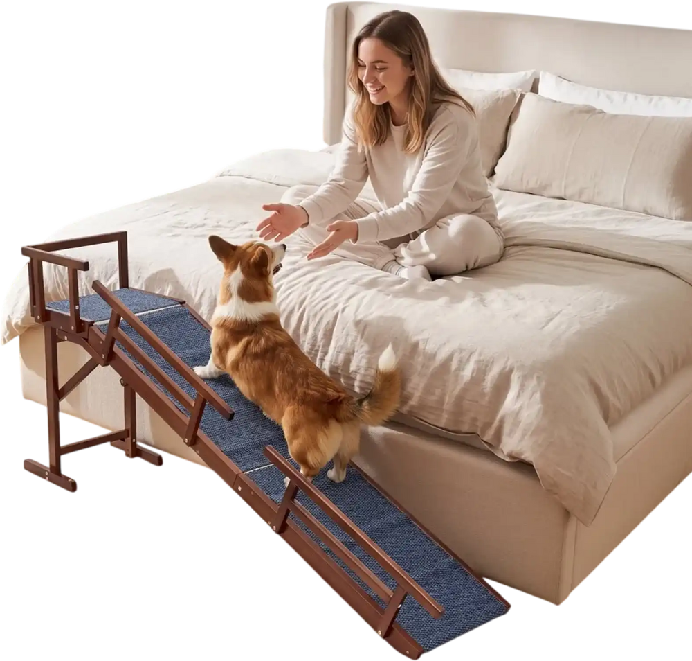 VEVOR Dog Ramp for Bed Couch 74" Long Wooden Pet Ramp with 22° Gentle Slope, for Small & Senior Dogs to Get on Sofa, Up to 200 lbs Load, Designed with Side Rails, Non-Slip Felt Surface & Top Platform