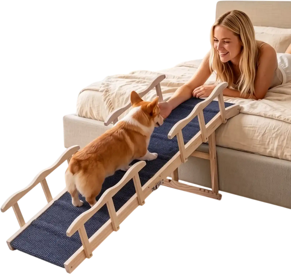VEVOR Dog Ramp for Bed 23.2"-28.3" 6 Adjustable Height Foldable Pet Ramp, for Small/Senior Dogs to Get on Couch Sofa, 63" Long, 200 lbs Portable Wooden with Side Rails, Non-Slip Surface, Top Platform