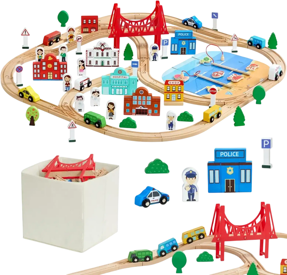 VEVOR 113PCS Wooden Train Set, for Kids Ages 3-8, Wood Train Track Toy with Storage Box, City Scene Railway Playset, Compatible with Major Brands, Christmas Birthday Toy for Toddlers Boys and Girls