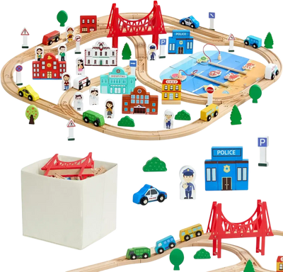Vevor Wooden Train Track Set 113-Piece City Scene Playset with Storage Box New