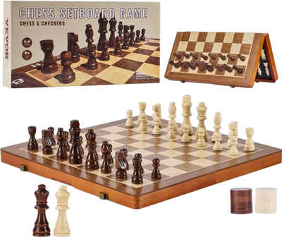 VEVOR Magnetic Wooden Chess Set, 15 inch 2-IN-1 Chess Checkers Game Set, Folding Chess Board Games for Adults Kids, 2 Queens Portable Travel Gift Chess Set for Tournament Professional Beginner