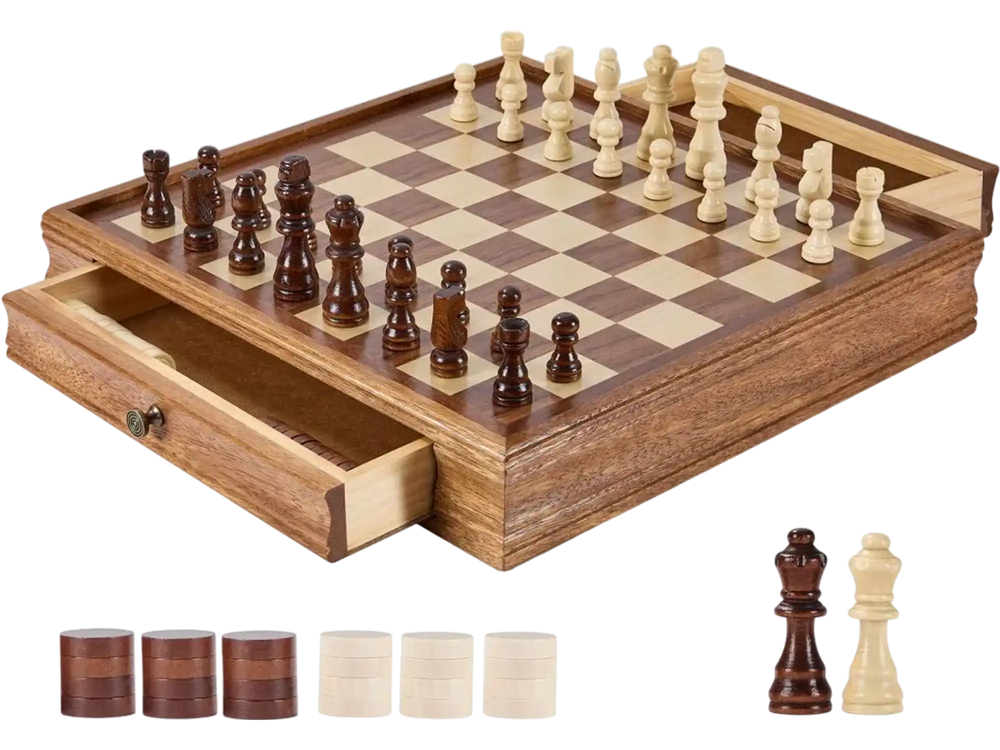 VEVOR Solid Wood Chess Set, 15 inch  2-IN-1 Chess Checkers Game Set, Chess Board Games with Storage Drawer & Weighted Chess Checkers Pieces & 2 Queens, for Adults Kids Tournament Professional Beginner