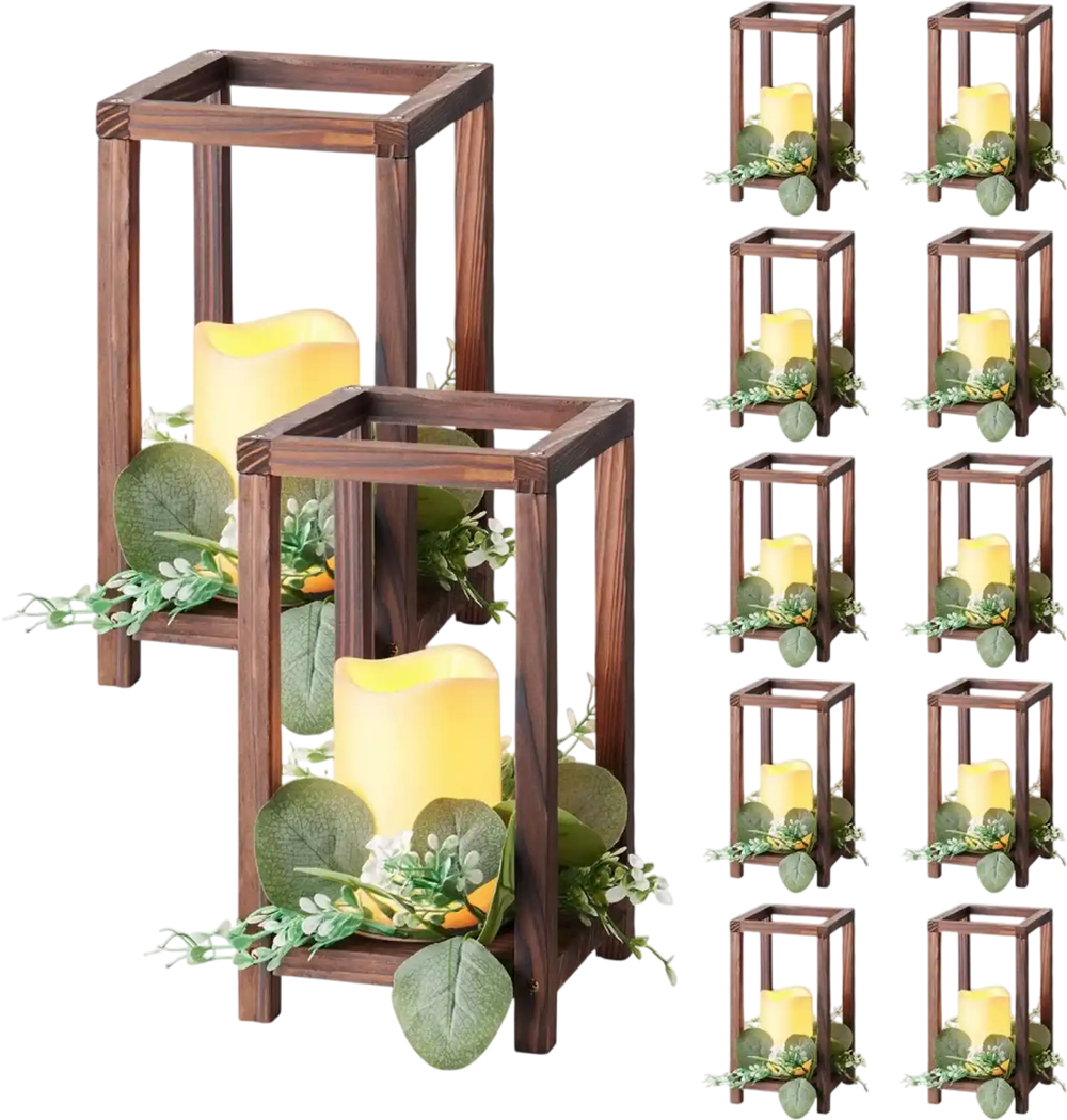 VEVOR 12 Set/36 Pcs Wooden Wedding Lantern Centerpiece, Includes 12 Wooden Lantern Candle Holder 12 Flameless LED Candle 12 Eucalyptus Leaves Wreath for Wedding Table Party Farmhouse Decor, Brown