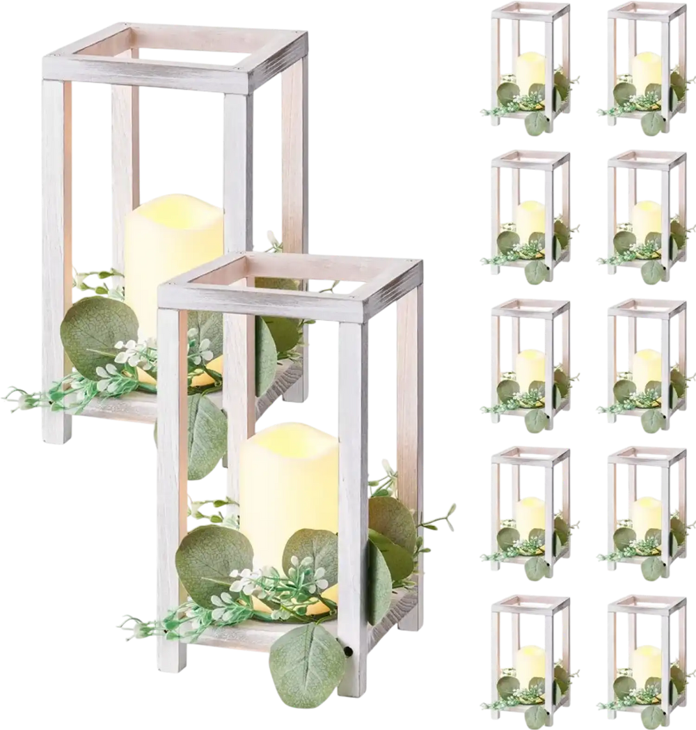 VEVOR 12 Set/36 Pcs Wooden Wedding Lantern Centerpiece, Includes 12 Wooden Lantern Candle Holder 12 Flameless LED Candle 12 Eucalyptus Leaves Wreath for Wedding Table Party Farmhouse Decor, White