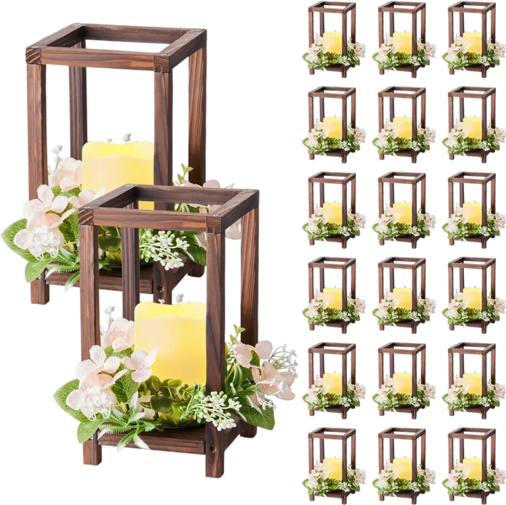 VEVOR 20 Set/60 Pcs Wooden Wedding Lantern Centerpiece, Includes 20 Wooden Lantern Candle Holder 20 Flameless LED Candle 20 Champagne Flower Wreath for Wedding Table Party Farmhouse Decor, Brown