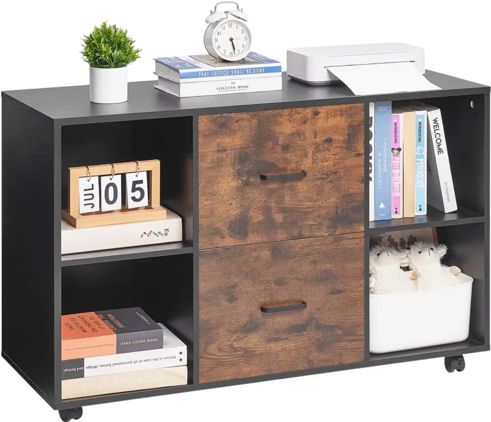 VEVOR 2 Drawer Wooden File Cabinet, Mobile Filing Cabinet with Open Shelves, Lateral Rolling File Storage with Lockable Wheels, Modern Free Standing Printer Stand for Home, Office, School, Black