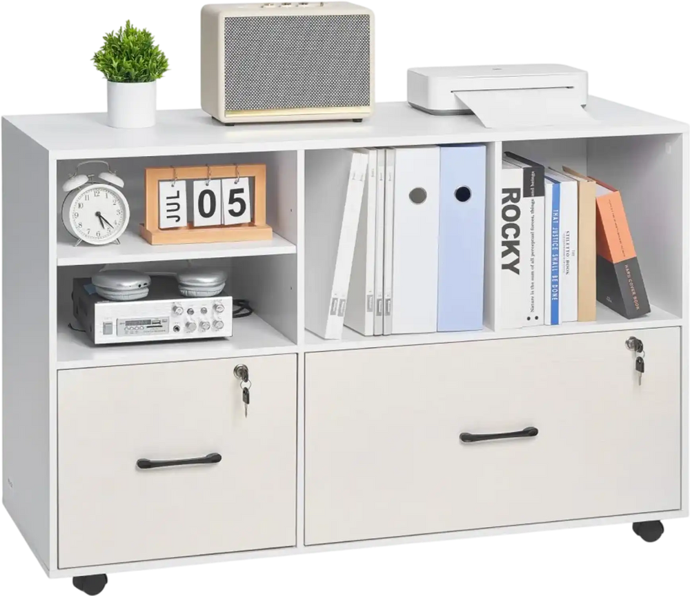 VEVOR 2 Drawer Wooden File Cabinet, Mobile Filing Cabinet with Open Shelves, Lockable Lateral Rolling File Storage with Adjustable Shelves, Free Standing Printer Stand for Home Office School, White