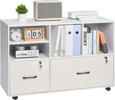 Vevor File Cabinet 2-Drawer Mobile Wooden Filing Cabinet with Open Shelves White New