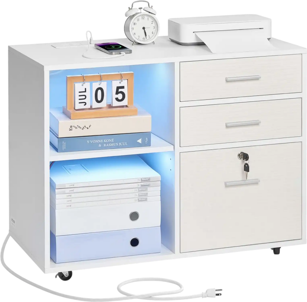 VEVOR 3 Drawer Wooden File Cabinet, Mobile Filing Cabinet with Light Strip, Lockable Rolling File Storage with Adjustable Shelves & 5 Wheels, Free Standing Printer Stand for Home Office School, White