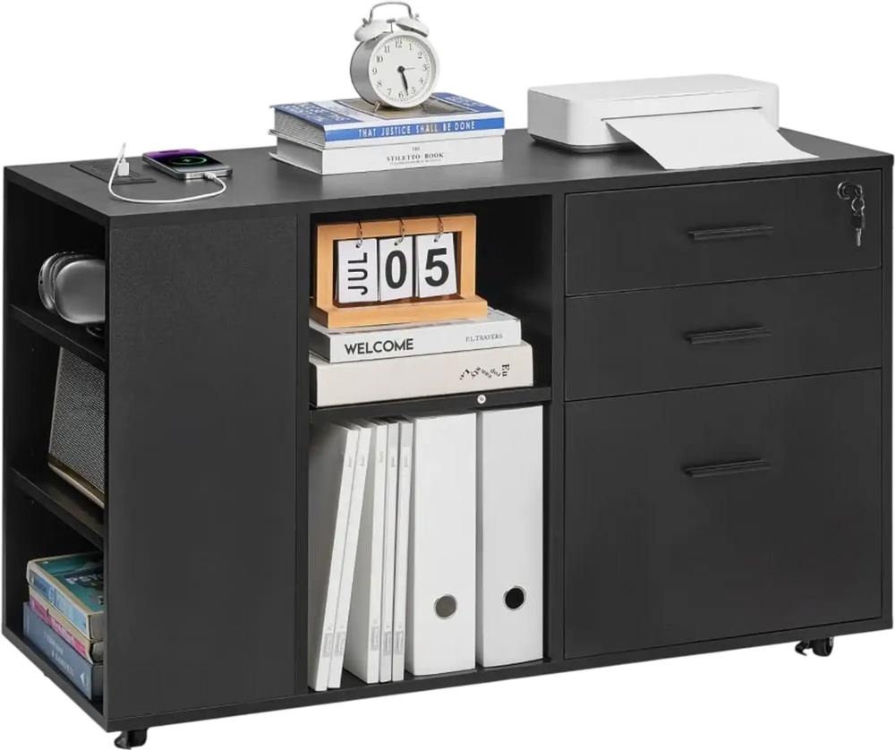 VEVOR 3 Drawer Wooden File Cabinet, Mobile Filing Cabinet with Power Strip, Lockable Rolling File Storage with Adjustable Shelves & 5 Wheels, Floor Standing Printer Stand for Home Office School, Black