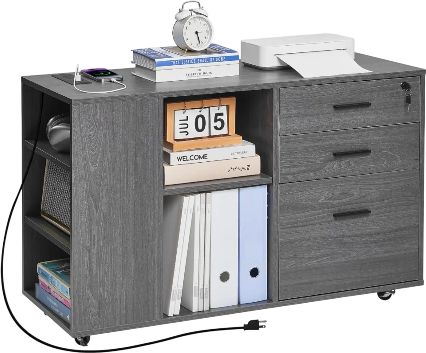 Vevor File Cabinet 3 Drawer Wooden Mobile Filing Cabinet with Power Strip Gray New