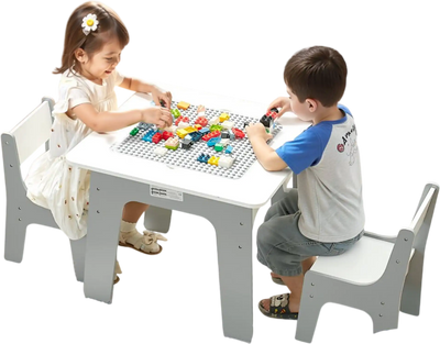 VEVOR 4 in 1 Kid Activity Table and 2 Chairs Set, Graffiti & Building Blocks Double-Sided Tabletop, Toddler Play Table with Storage for Kids 3+ Years, Large Storage Space, Gift for Boys & Girls, White