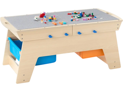 VEVOR Kids Reversible Wooden Activity Table, Multi-Purpose Activity Play Table with 200 Building Bricks & 3 Storage Bins for Kids 3+ Years, Large Storage Space, Present for Boys & Girls, Natural