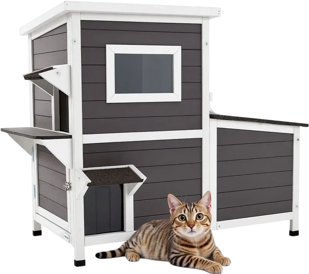 VEVOR Outdoor Cat House, 2-Story Wooden Cat Shelter for 3 Outside Cats in Winter, Elevated Feral Kitty Shelter with Stairs, Clear Window & Flap Doors, Waterproof Cats Condos for Garden 42 × 25 × 34 in
