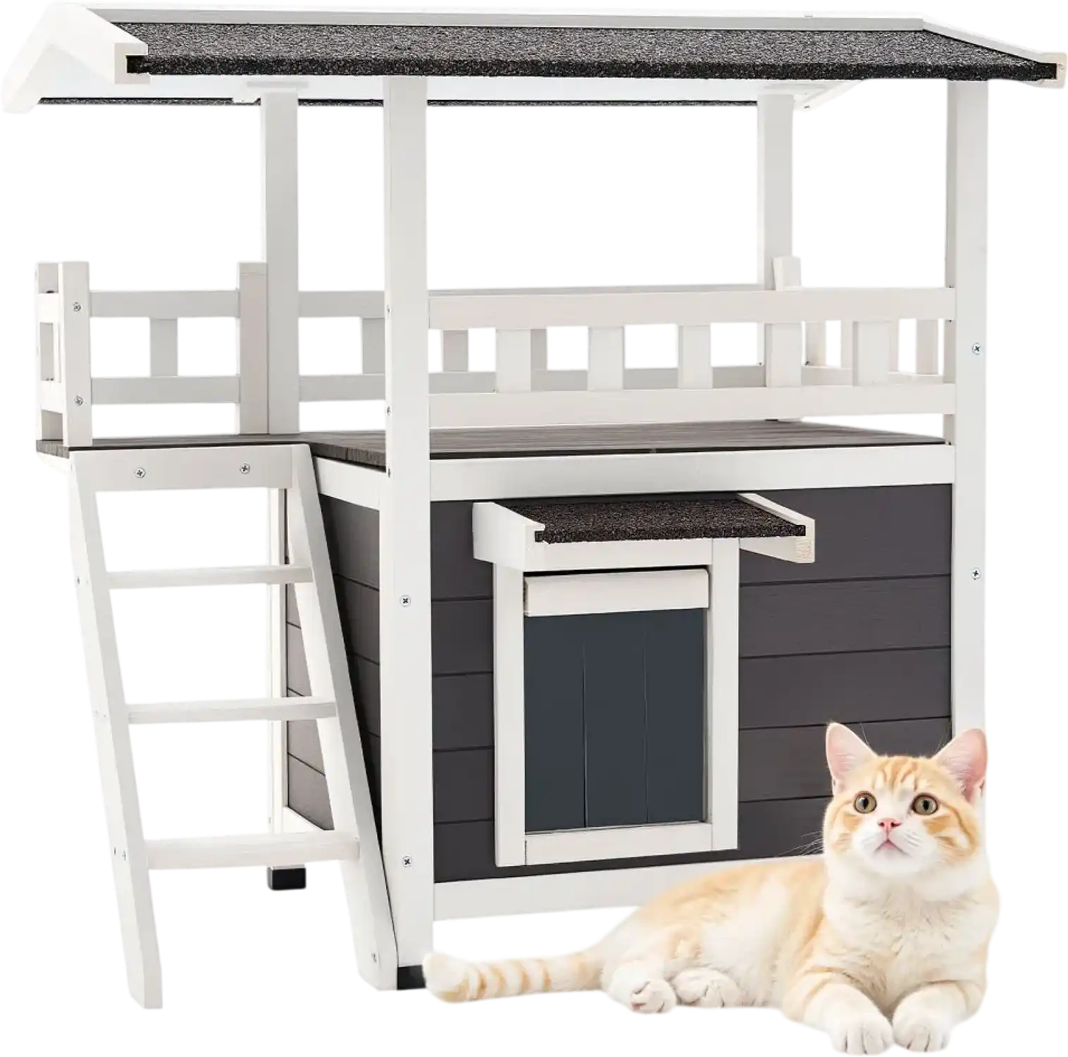 Vevor Cat House 2-Story Wooden Outdoor Shelter with Stairs & Balcony 30