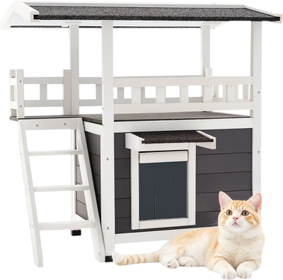 Vevor Cat House 2-Story Wooden Outdoor Shelter with Stairs & Balcony 30