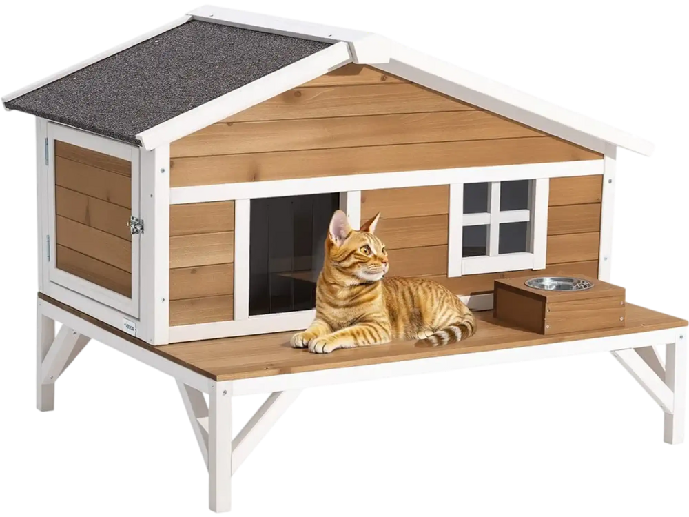 VEVOR Insulated Cat House, All-Around Foam Insulation Elevated Cat Shelter, Wooden Feral Kitty Shelter with Large Platform, Waterproof Cats Condos for Indoor & Outdoor Cats in Winter 43.5x33.5x31 in