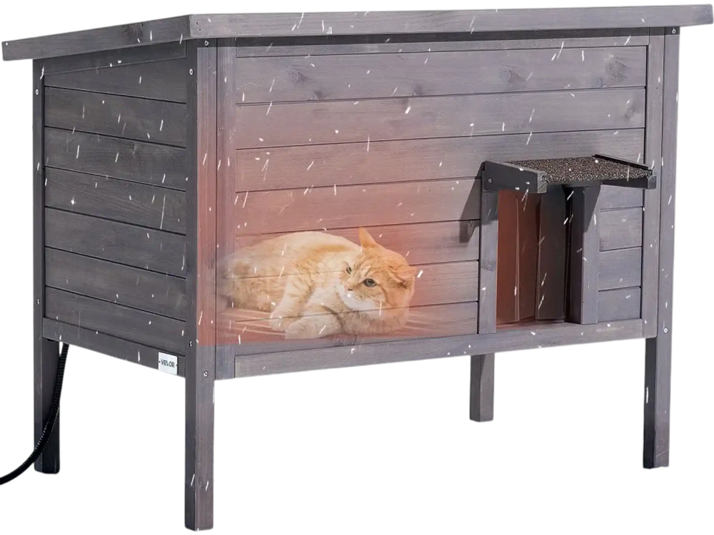 VEVOR Heated Cat House, Insulated Wooden Cat House for Outdoor Cats, Waterproof Feral Kitty Shelter with Heating Pad, PVC Flap Door & Openable Asphalt Roof for 1-3 Cats in Winter, 34 x 21 x 27 in