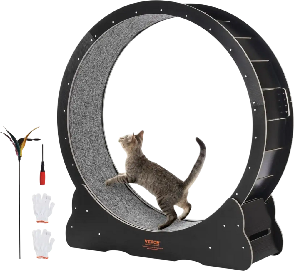 VEVOR Wooden Cat Exercise Wheel, 43.3" Large Cat Treadmill Wheel for Indoor Cats, Cat Running Wheel with Detachable Carpet & Cat Teaser for Running/Walking/Training, Suitable for Most Cats Black