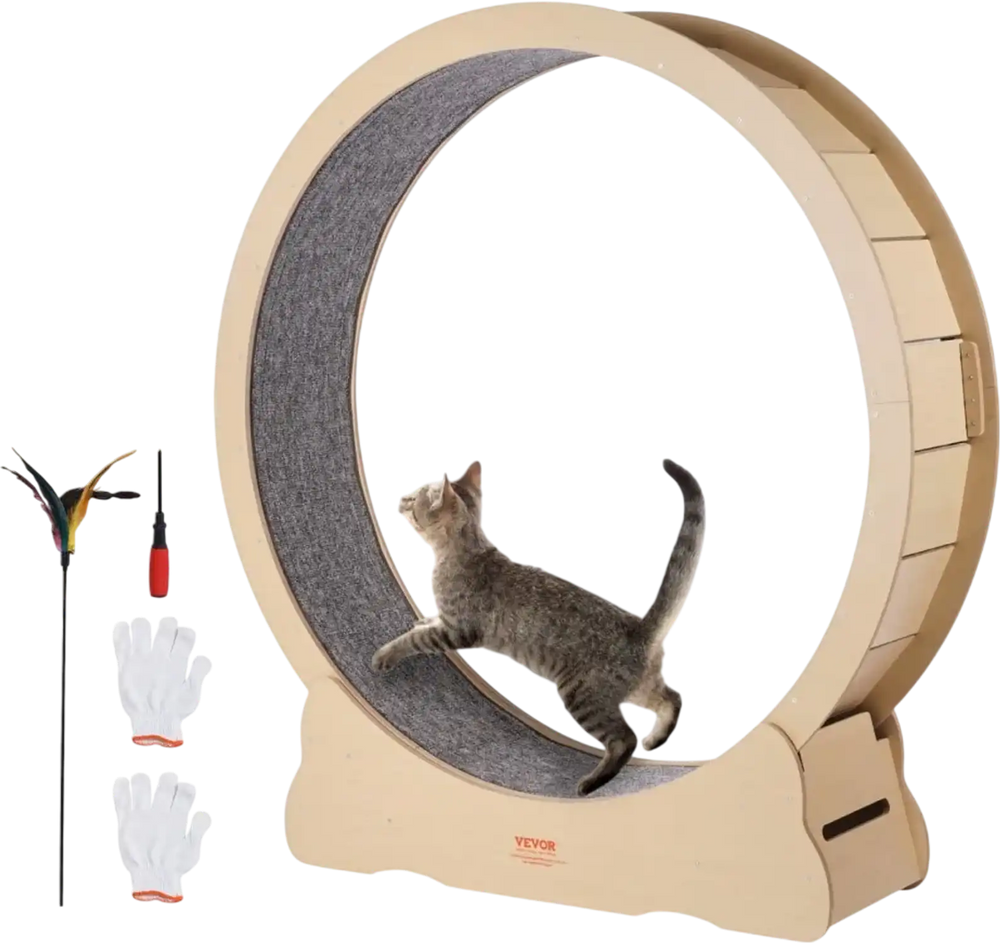 VEVOR Wooden Cat Exercise Wheel, 52" Large Cat Treadmill Wheel for Indoor Cats, Cat Running Wheel with Detachable Carpet & Cat Teaser for Running/Walking/Training, Suitable for Most Cats