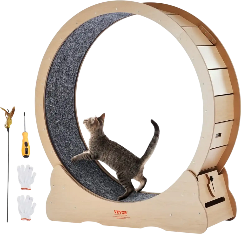 VEVOR Wooden Cat Exercise Wheel, 43.3" Large Cat Treadmill Wheel for Indoor Cats, Cat Running Wheel with Detachable Carpet & Cat Teaser for Running/Walking/Training, Suitable for Most Cats Yellow