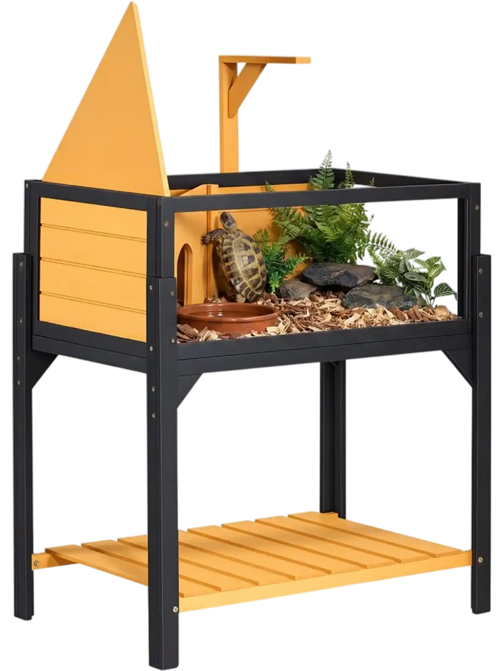 VEVOR Tortoise Habitat 2-Room Wooden Tortoise House Built-in Lamp Stand, for Small Animals Indoor Outdoor, Storage Shelf, Large Turtle Enclosure Reptile Cage with Openable Roof & Viewing Window