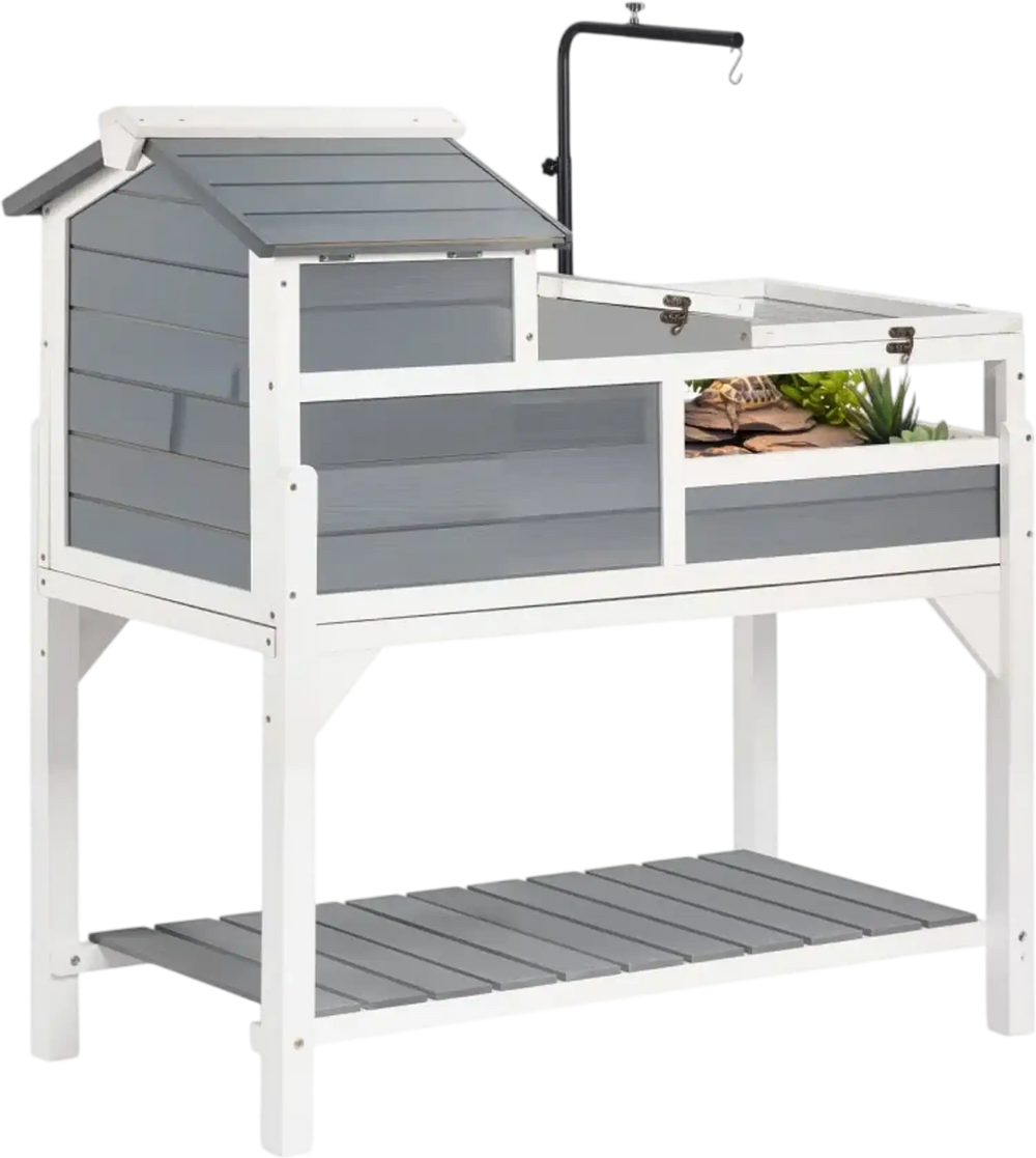 VEVOR Tortoise Habitat 4-Room Wooden Tortoise House Adjustable Lamp Stand, for Small Animals Indoor Outdoor, 2 Stories & Ramp, Large Turtle Enclosure Reptile Cage with Storage Shelf, Openable Roof