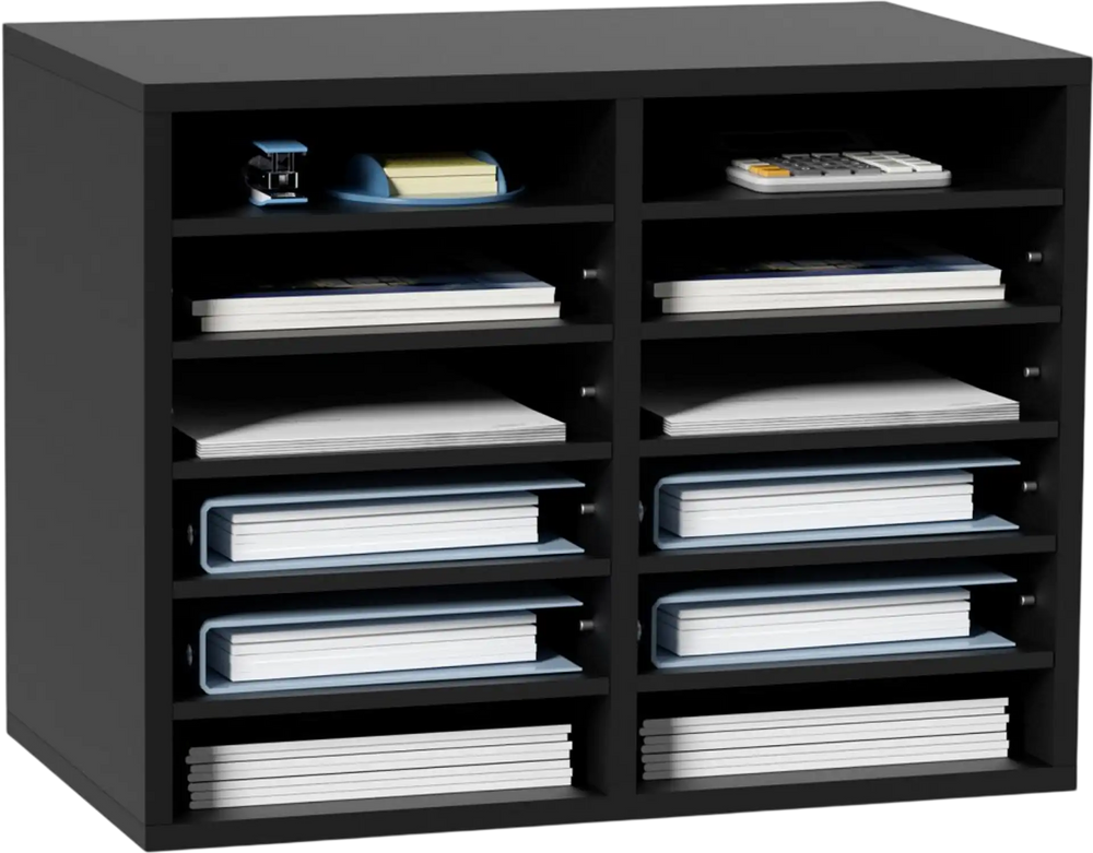 VEVOR Wood Literature Organizer, 12 Compartments, File Sorter with Removable Shelves, Mailboxes Slot for Office Home Classroom Mailrooms Organization, EPA Certified, Black