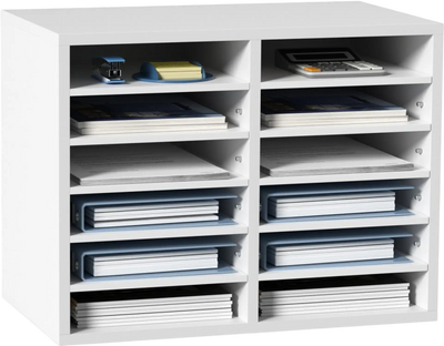 VEVOR Literature Organizers, 12 Compartments Office Mailbox with Adjustable Shelves, Wood Literature Sorter 20.4x12x16.1 inches for Office, Home, Classroom, Mailrooms Organization, EPA Certified White